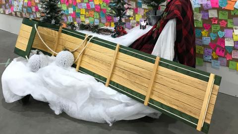A toboggan is displayed at one of Saskatoon’s COVID-19 vaccine clinics. 