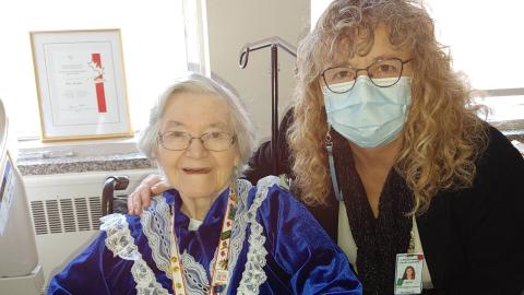 Tina Buhler (left), one of the original housekeepers at RUH when it opened, with Linda Baker, current manager of Environmental Services at Royal University Hospital during Tina’s recent hospital stay.