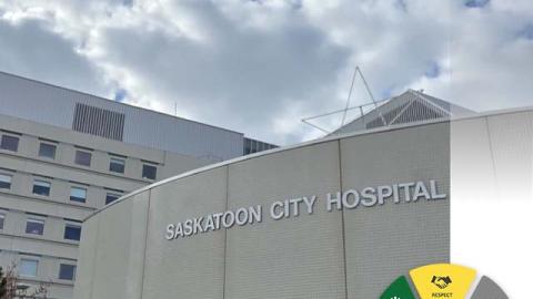 Exterior of saskatoon City Hospital with SHA CARES values.