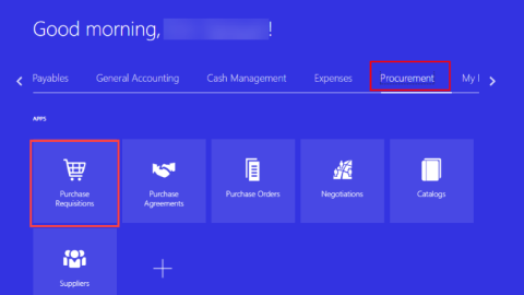 MyWork procurement dashboard to create purchase requisitions for non-catalogue items.
