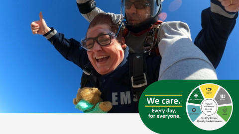 Visual of a paramedic and her tandem jump partner skydiving.