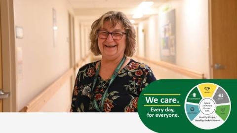 A portrait photo of Sandy Holfeld with a CARES graphic on the bottom right.