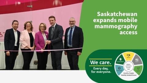 A grand opening photo of the second mammography trailer in Saskatchewan with the text saying "Saskatchewan expands mobile mammography access"