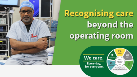 A surgeon in scrubs sits in an operating room beside medical equipment, with text reading “Recognising care beyond the operating room” and “We care. Every day, for everyone.” alongside the SHA CARES values graphic and a “Click to watch” prompt.