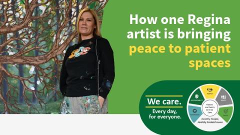 Brandy Tabor, Regina artist, stands in front of her nature mural. Text reads: "How one Regina artist is bringing peace to patient spaces." Saskatchewan Health Authority logo visible.