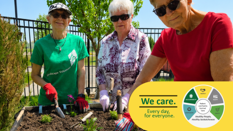 Three horticultural volunteers work together in a raised garden bed outside a Saskatchewan Health Authority facility, planting flowers and tending the soil. A "We care. Every day, for everyone." graphic with the SHA C.A.R.E.S. values appears in the bottom-right corner, highlighting the role volunteers play in creating welcoming, therapeutic green spaces for patients, residents, families and staff.