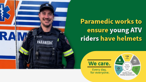 A paramedic stands in front of an ambulance. Text reads Paramedic works to ensure young ATV riders have helmets