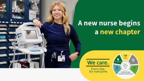A newly graduated nurse stands beside medical equipment in a hospital setting. Text reads, “A new nurse begins a new chapter,” alongside Saskatchewan Health Authority’s “We care. Every day. For everyone.” graphic and patient- and family-centred care values.