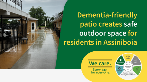 Dementia-friendly patio and outdoor walkway at Assiniboia provide residents with a safe, secure space to enjoy fresh air, physical activity, and time outdoors.