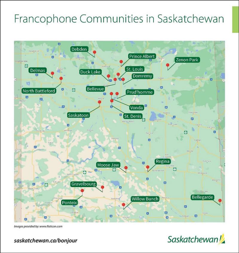 A map of the Francophone communities in Saskatchewan.