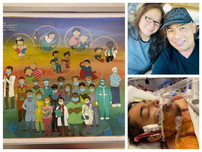 Pictured are the painting Dennis Delos Santos presented to staff (left), Kate Conrado and Delos Santos (top right), and Delos Santos in hospital (bottom right).