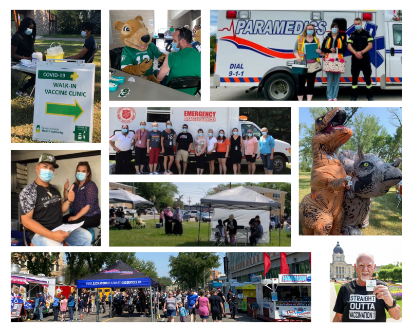 Images of pop-up clinics from: Cypress Hills, Regina, Saskatoon, Pasqua Beach and La Ronge