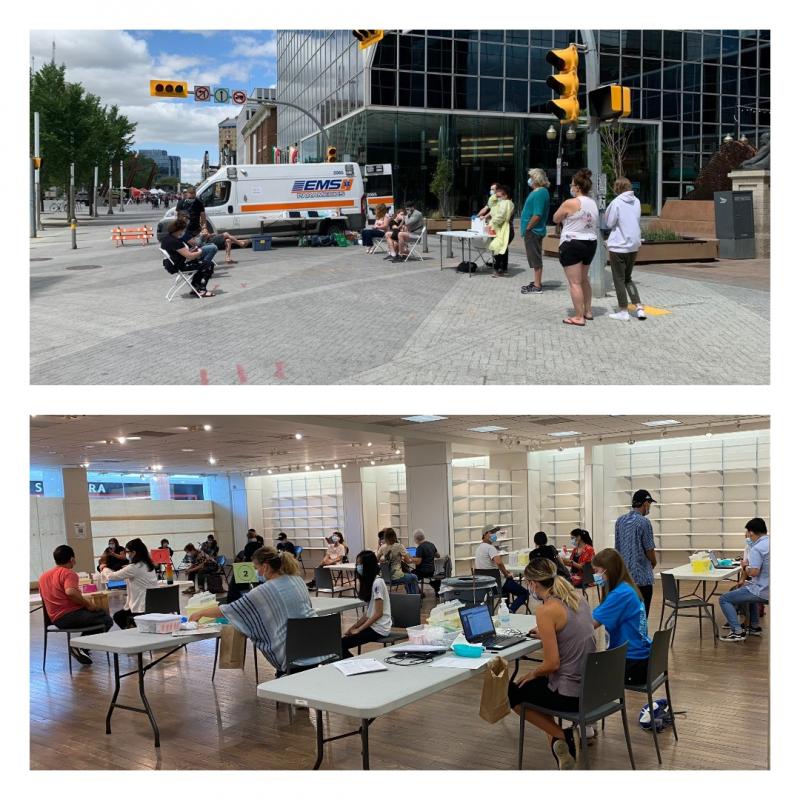 Pictured (top) is a COVID-19 vaccine clinic on the corner of Scarth Street and 11th Avenue earlier this summer. Below is a clinic at the Cornwall Shopping Centre.