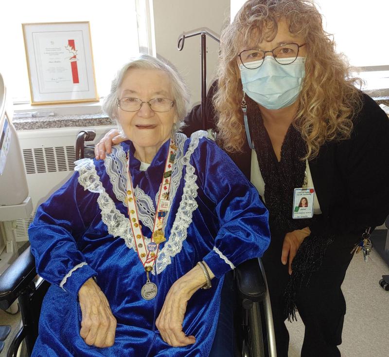 Tina Buhler (left), one of the original housekeepers at RUH when it opened, with Linda Baker, current manager of Environmental Services at Royal University Hospital during Tina’s recent hospital stay.