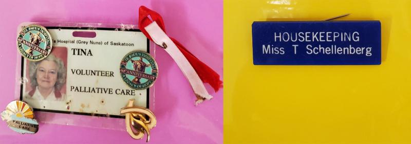 Tina's original nametags from when she was first a housekeeper at RUH (right) and a palliative care volunteer at SPH (left)