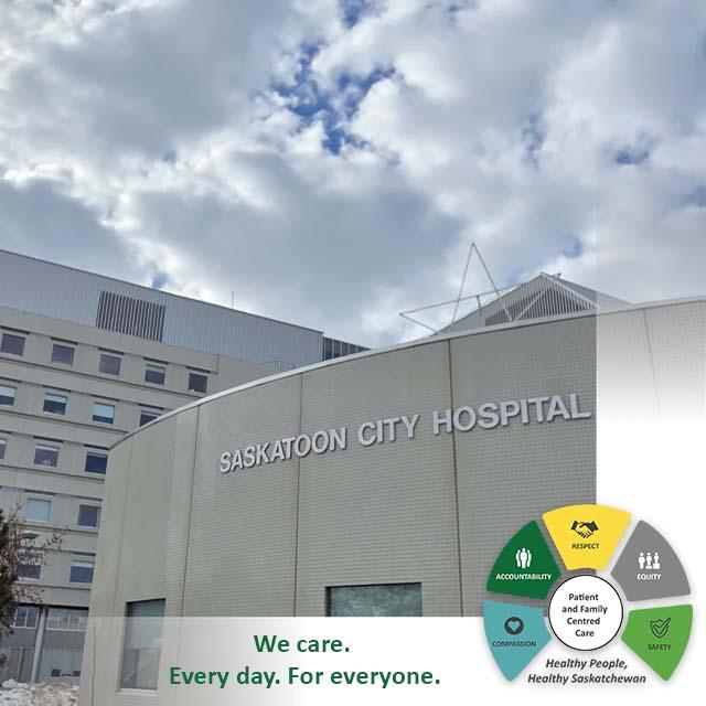 Exterior of saskatoon City Hospital with SHA CARES values.