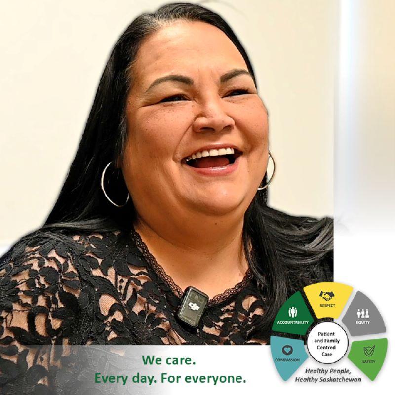 Jennifer Ahenakew with SHA CARES values