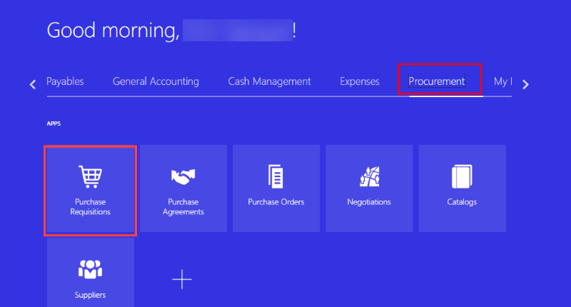 MyWork procurement dashboard to create purchase requisitions for non-catalogue items.