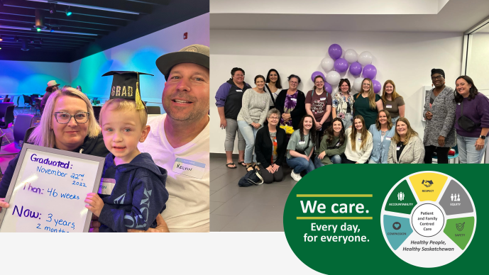 A collage featuring two photos from the JPCH NICU Reunion. On the left, a young boy wearing a small graduation cap sits with two adults, holding a sign showing his NICU graduation date and current age. On the right, a group of NICU caregivers stand and sit together smiling in front of purple and white balloons.