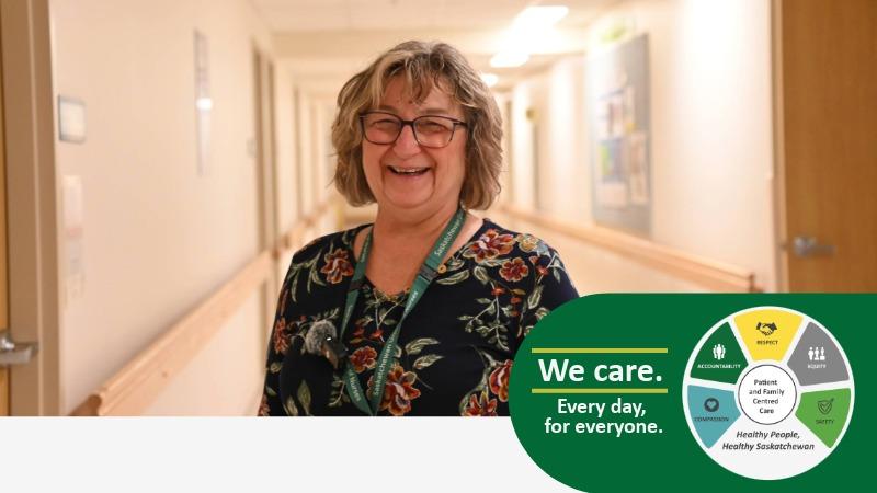 A portrait photo of Sandy Holfeld with a CARES graphic on the bottom right.