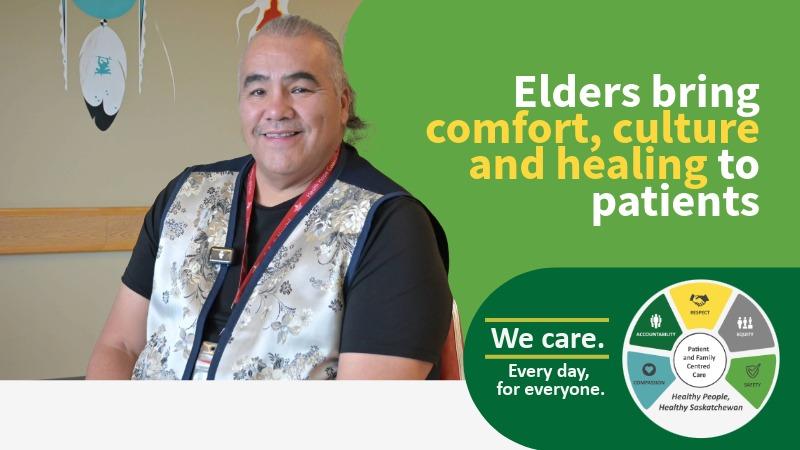 A photo of Vernon Linklater of First Nations and Métis Health in front of a green background with the text saying 'Elders bring comfort, culture and healing to patients'.