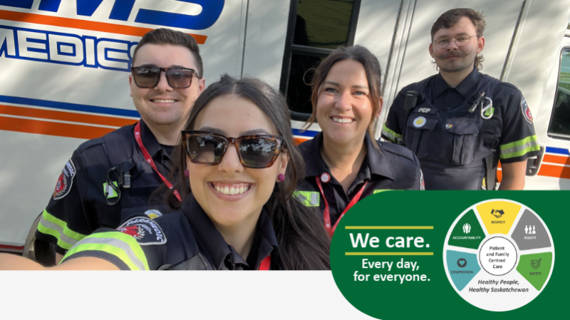 Alt text: Four Saskatchewan Health Authority paramedics smiling in front of an ambulance for Paramedic Services Week, alongside a SHA CARES values graphic.