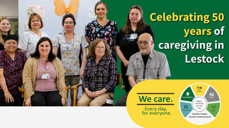 Group photo of staff and residents from St. Joseph's Integrated Care Centre in Lestock celebrating 50 years of caregiving. The image features eight people smiling together indoors, with the headline "Celebrating 50 years of caregiving in Lestock" displayed on a green background. The Saskatchewan Health Authority "We care. Every day, for everyone." branding and the Patient and Family Centred Care/C.A.R.E.S. values graphic appear in the bottom right corner.