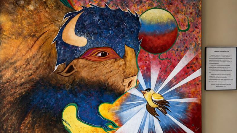 Colourful artwork depicting a bison and a sparrow, with the bison’s face in profile and the sparrow flying in front of radiating blue and white lines. A framed description of the artwork, titled “The Bison and the Sparrow,” hangs on the wall to the right.