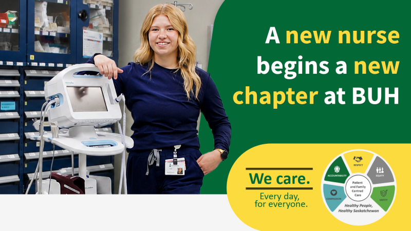 A newly graduated nurse stands beside medical equipment in a hospital setting. Text reads, “A new nurse begins a new chapter,” alongside Saskatchewan Health Authority’s “We care. Every day. For everyone.” graphic and patient- and family-centred care values.