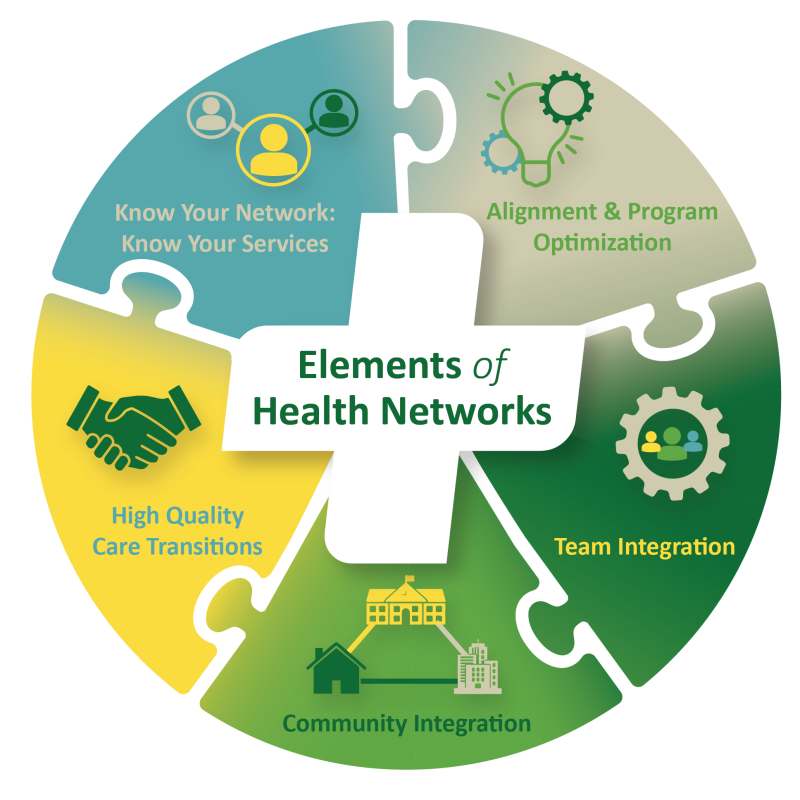 This image shows the five elements of Health Networks. These elements work together to mature a Health Network.