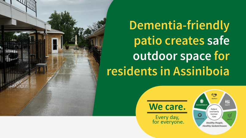 Dementia-friendly patio and outdoor walkway at Assiniboia provide residents with a safe, secure space to enjoy fresh air, physical activity, and time outdoors.